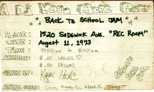 Le flyer de la soirée du 11 août 1973, organisé par Cindy Campbell.